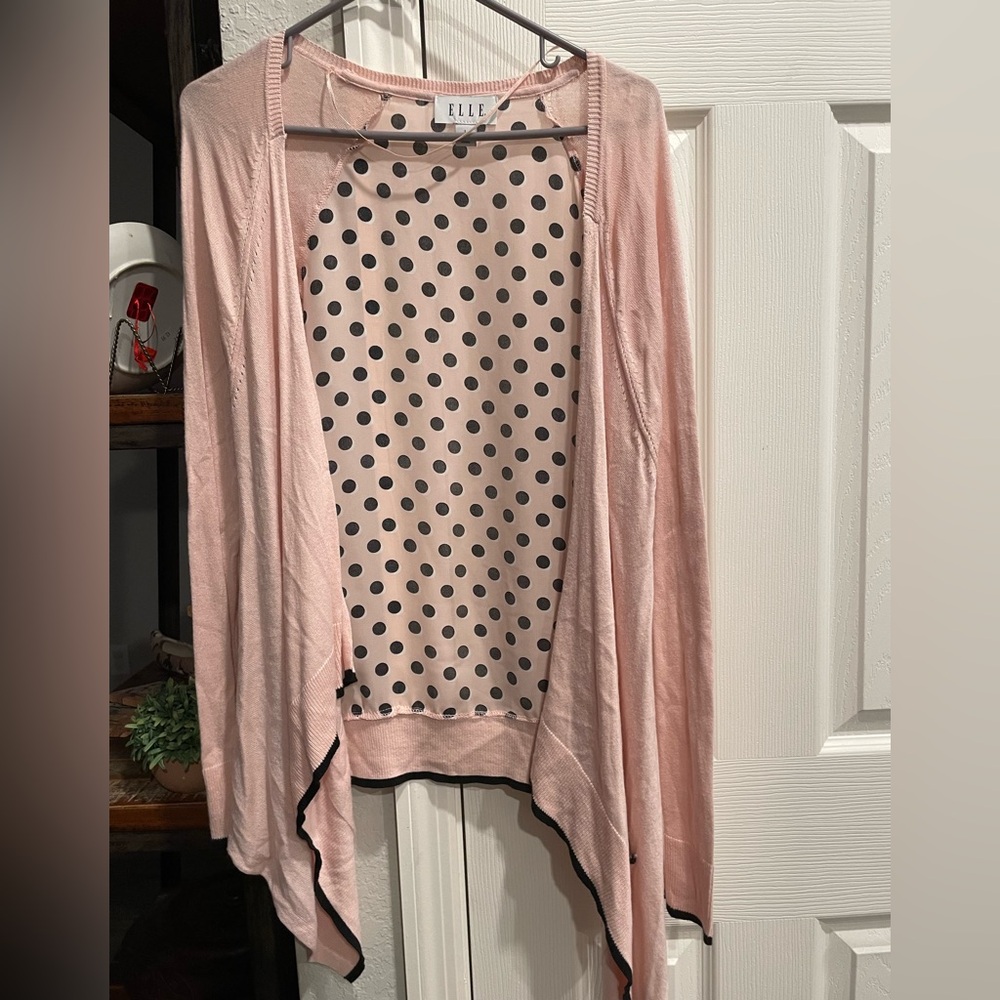 Elle pink black polka dot long sleeve lightweight uneven hem cardigan sweater L